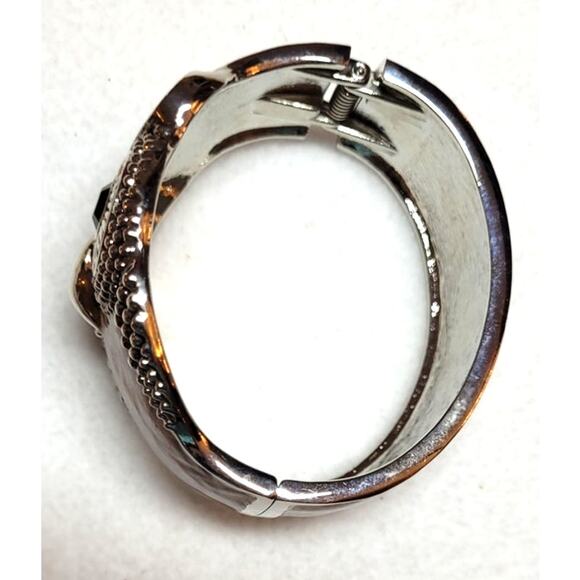 Wide Owl Statement Hinged Cuff Bracelet Brown Enamel Silvertone Metal Cabincore - Picture 4 of 8